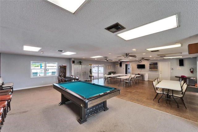 playroom featuring billiards, visible vents, and a textured ceiling