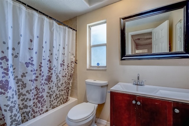 full bath with toilet, vanity, and shower / bath combination with curtain