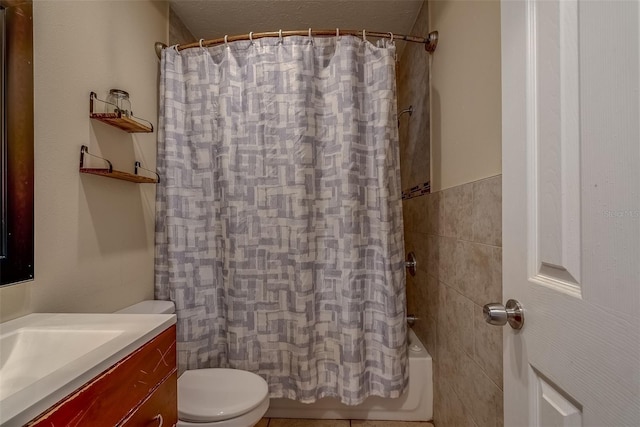 full bath with shower / bath combination with curtain, toilet, vanity, and tile walls