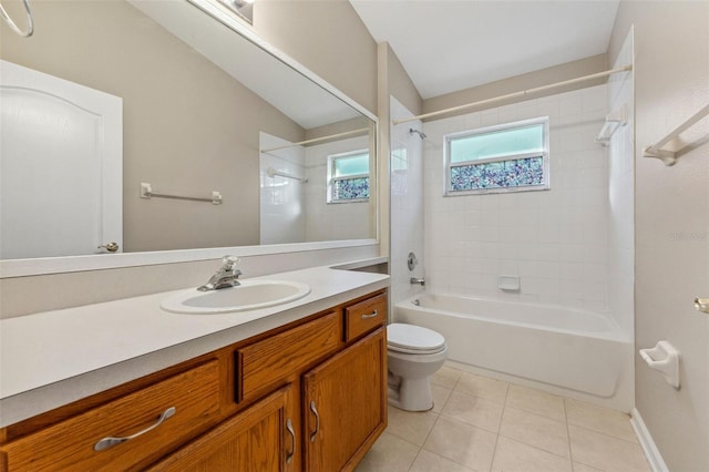 bathroom with tile patterned flooring, shower / bathing tub combination, toilet, and vanity