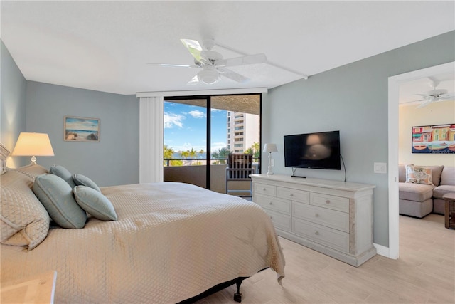 bedroom with access to exterior, light wood-style flooring, a ceiling fan, and baseboards