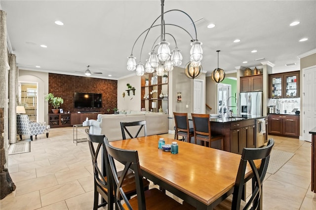 dining area featuring light tile patterned flooring, recessed lighting, crown molding, and a ceiling fan