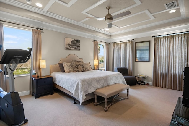 bedroom featuring visible vents, coffered ceiling, crown molding, baseboards, and light colored carpet