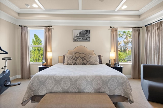 carpeted bedroom with multiple windows, recessed lighting, baseboards, and coffered ceiling