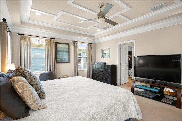 bedroom with visible vents, coffered ceiling, ceiling fan, and crown molding