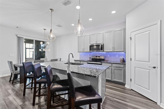 kitchen featuring a center island with sink, visible vents, a sink, decorative backsplash, and stainless steel appliances