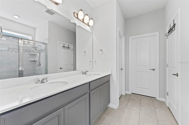 full bath featuring tile patterned flooring, a shower stall, double vanity, and a sink