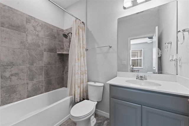 full bathroom with shower / bath combo with shower curtain, toilet, and vanity