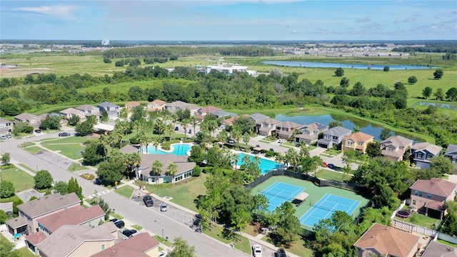 aerial view featuring a residential view and a water view