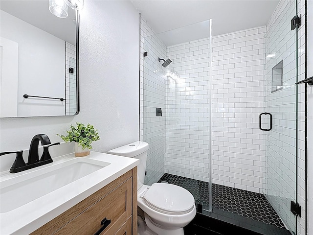 full bath featuring vanity, toilet, and a shower stall