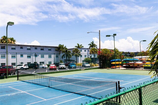 view of tennis court featuring fence