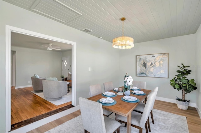 dining area with visible vents, baseboards, ceiling fan with notable chandelier, wooden ceiling, and wood finished floors