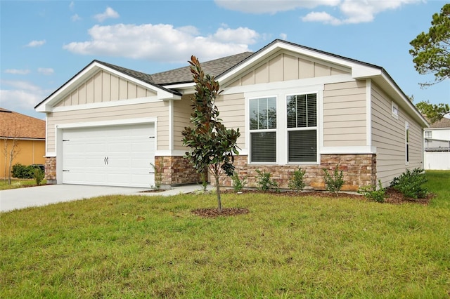 view of front facade featuring board and batten siding, a front yard, driveway, and a garage