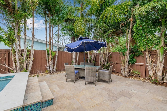 view of patio / terrace featuring outdoor dining space, a fenced in pool, and a fenced backyard