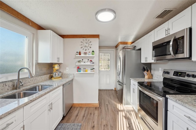 kitchen with visible vents, a sink, stainless steel appliances, white cabinetry, and light wood-type flooring