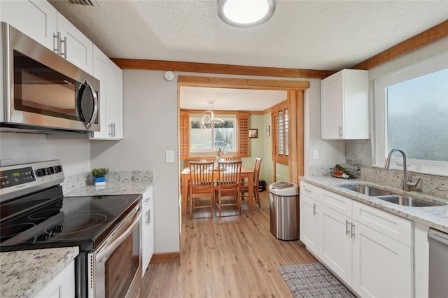 kitchen featuring a sink, appliances with stainless steel finishes, a textured ceiling, white cabinetry, and light wood-type flooring