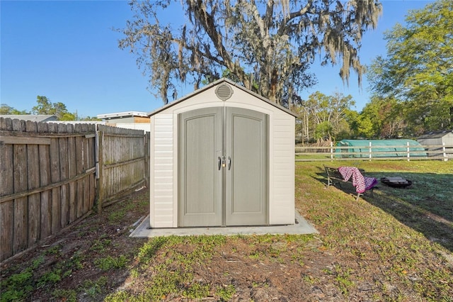 view of shed featuring a fenced backyard