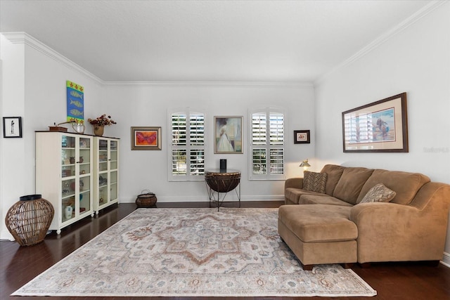 living room with dark wood-type flooring, baseboards, and ornamental molding