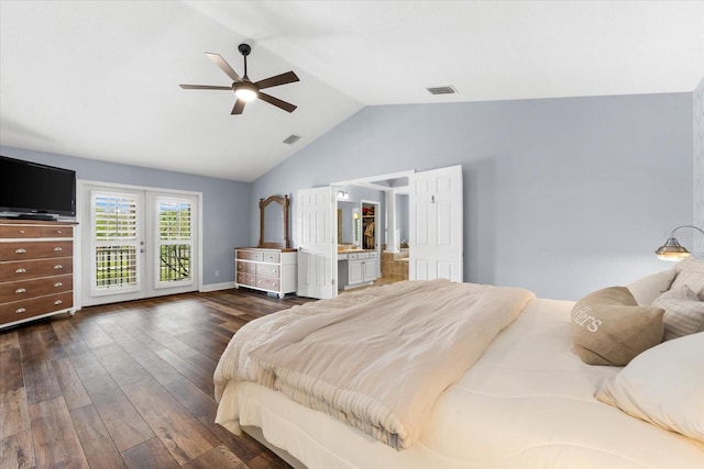 bedroom featuring visible vents, lofted ceiling, dark wood finished floors, and access to outside