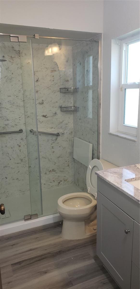 bathroom with vanity, toilet, wood finished floors, and a marble finish shower