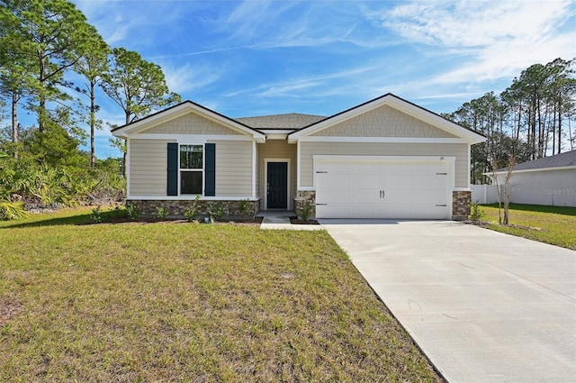 craftsman-style home featuring stone siding, driveway, an attached garage, and a front lawn