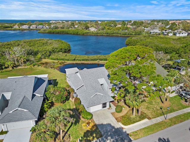 aerial view featuring a water view