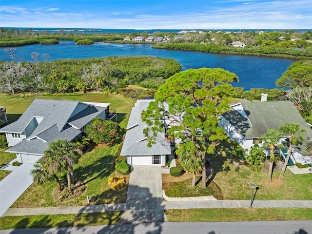 bird's eye view with a water view