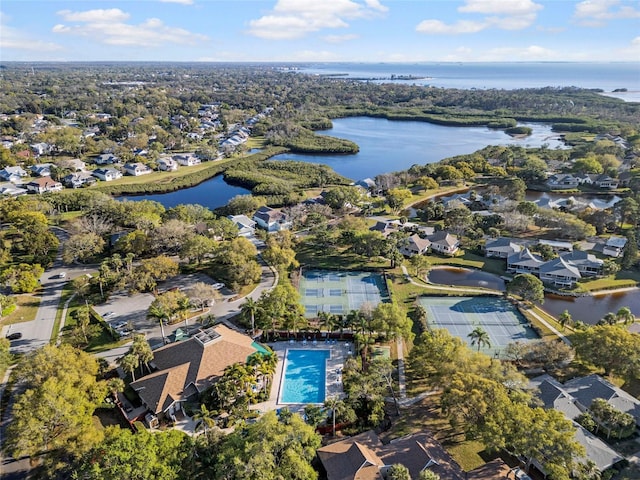 drone / aerial view with a water view