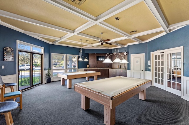 playroom featuring billiards, a wainscoted wall, visible vents, french doors, and carpet flooring