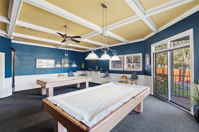 recreation room featuring a wainscoted wall, pool table, coffered ceiling, and carpet