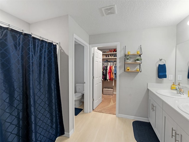 full bathroom with toilet, double vanity, wood finished floors, a textured ceiling, and a sink