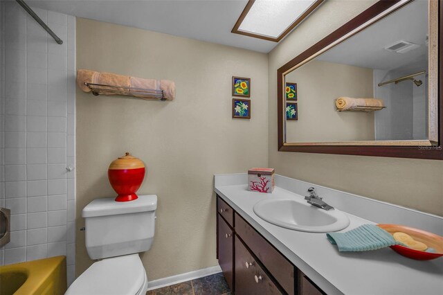 full bath with vanity, visible vents, baseboards, shower / bath combination, and toilet