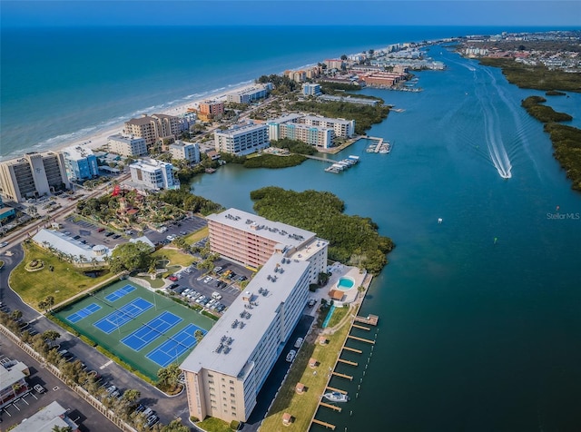 aerial view featuring a view of city and a water view