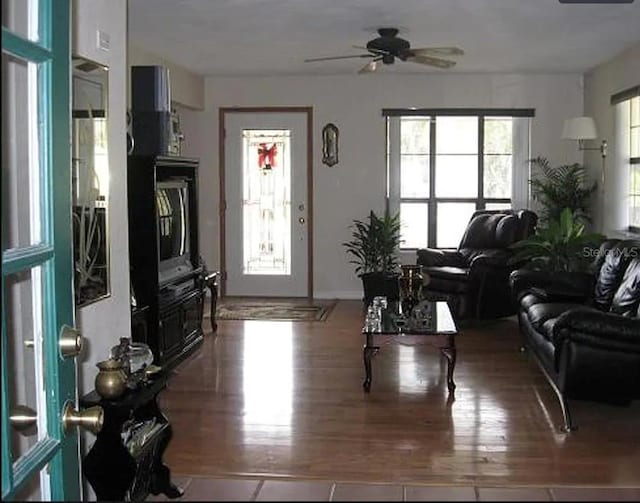 living room featuring ceiling fan and wood finished floors