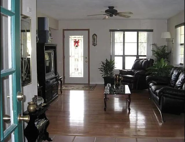 living area with a ceiling fan and wood finished floors