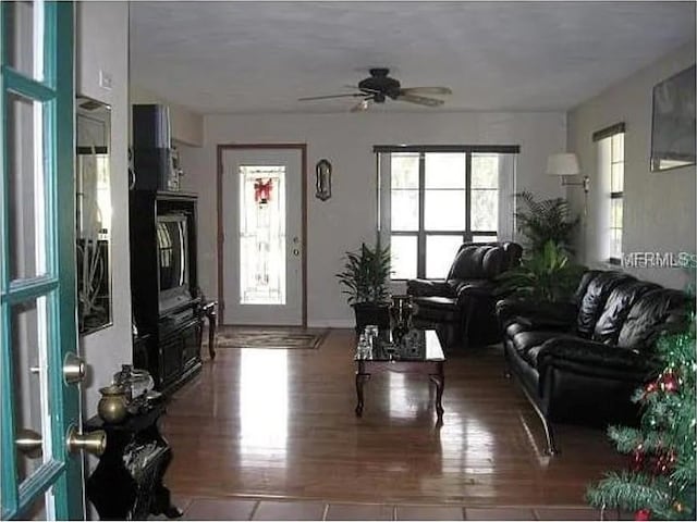 living area with a ceiling fan, wood finished floors, and a wealth of natural light