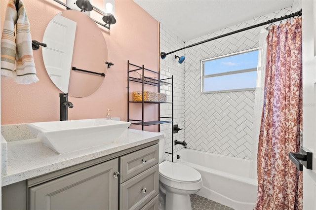 bathroom with vanity, toilet, shower / tub combo, and tile patterned flooring