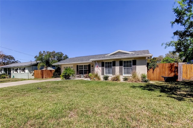 single story home featuring stucco siding, a front lawn, and fence