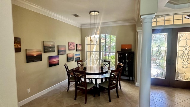 dining space featuring visible vents, french doors, crown molding, baseboards, and ornate columns