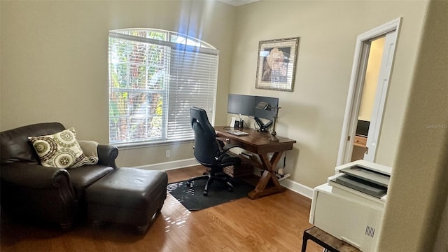 office with baseboards and wood finished floors