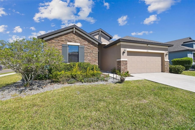 view of front facade with stucco siding, a front lawn, stone siding, concrete driveway, and a garage