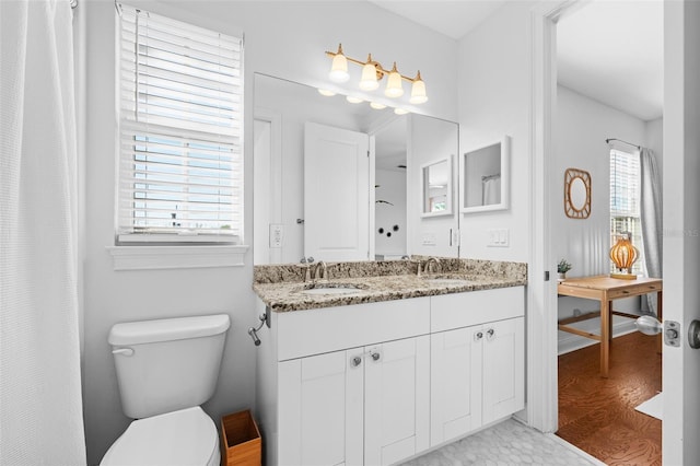 full bathroom with double vanity, toilet, and a sink