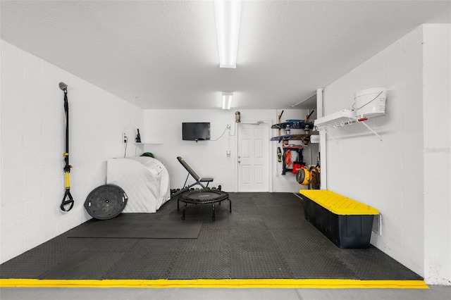 garage with concrete block wall