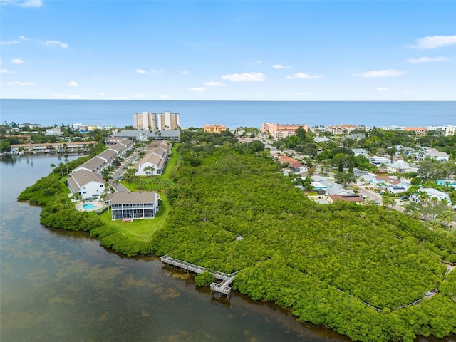 bird's eye view with a water view