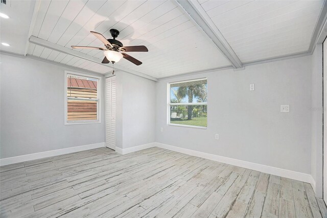 spare room featuring baseboards, wood ceiling, recessed lighting, light wood-style floors, and a ceiling fan