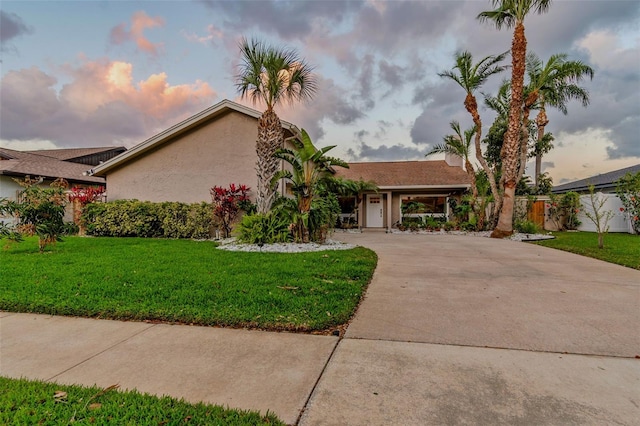 view of front of home featuring stucco siding, concrete driveway, a front lawn, and fence