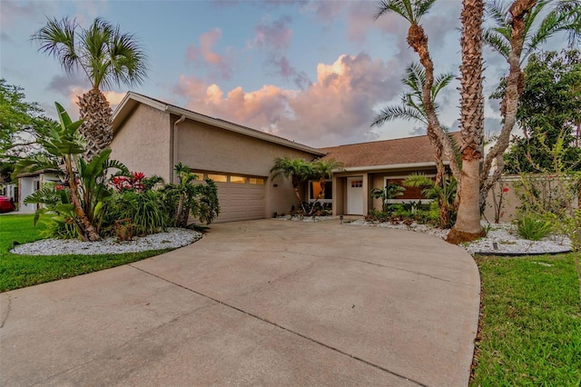 mid-century inspired home featuring stucco siding, a garage, concrete driveway, and a front lawn