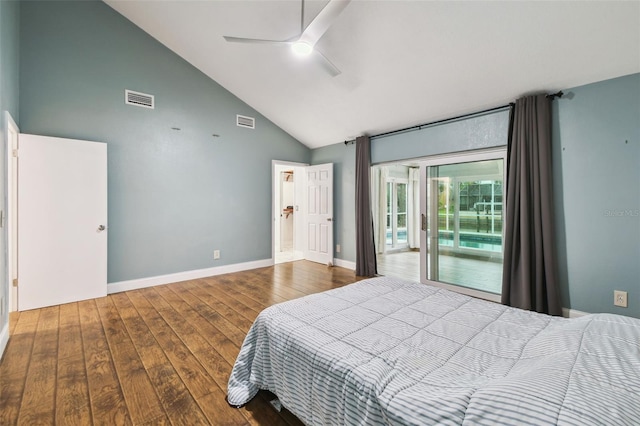 bedroom with access to exterior, baseboards, visible vents, and wood-type flooring