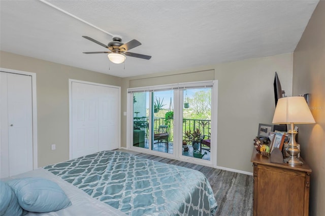 bedroom with multiple closets, baseboards, ceiling fan, a textured ceiling, and access to outside