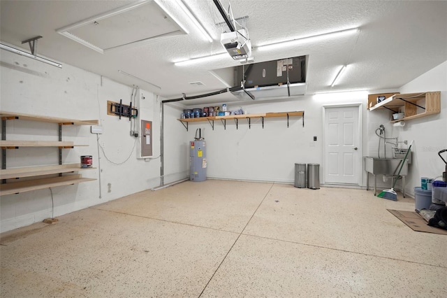 garage featuring electric panel, a garage door opener, and electric water heater